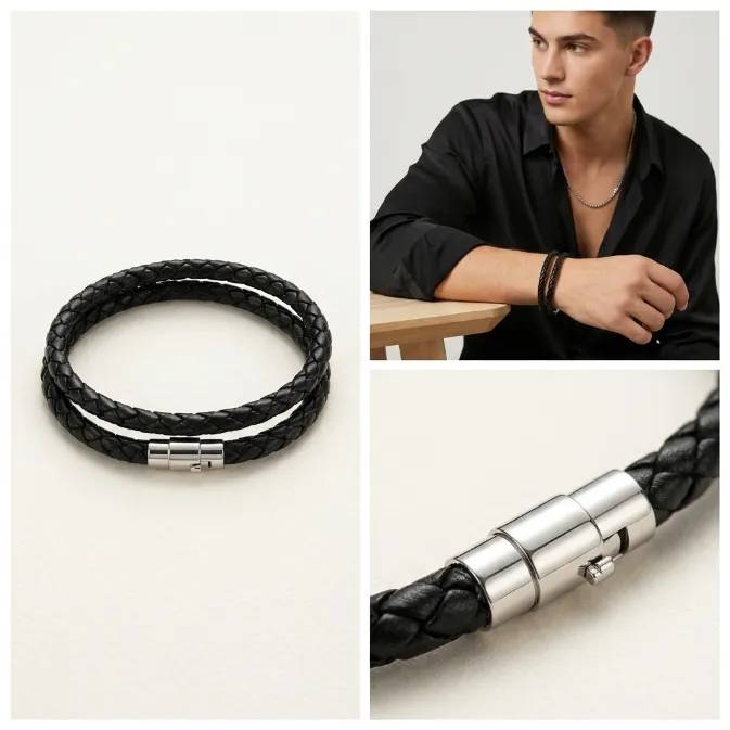 Men's minimalist double wrap black braided leather bracelet with stainless steel magnetic clasp casual jewelry