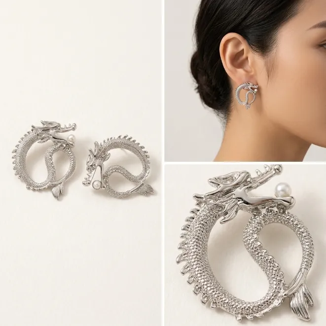 Silver coiled eastern Asian dragon zinc alloy stud earrings with mini pearl accent