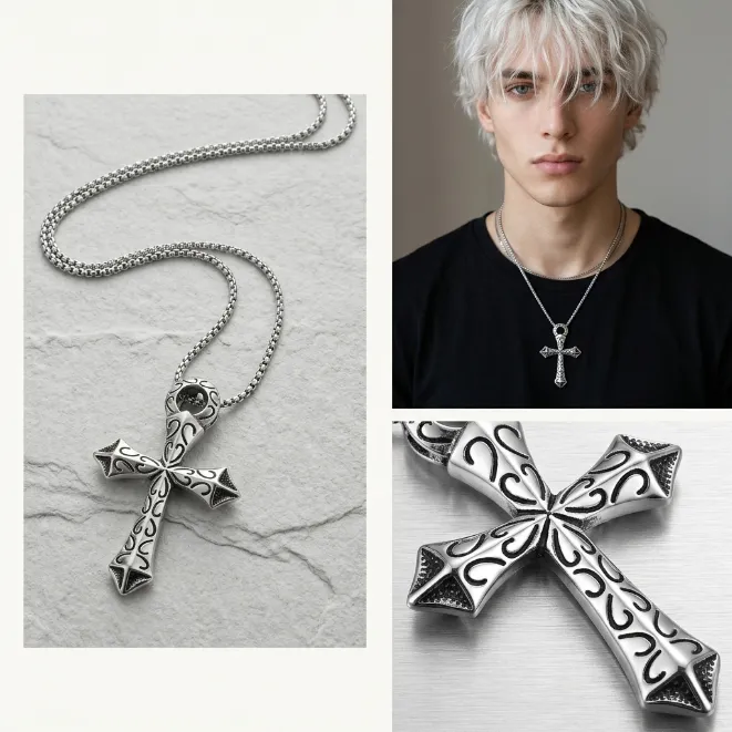 Men's vintage gothic filigree cross zinc alloy pendant necklace with box chain