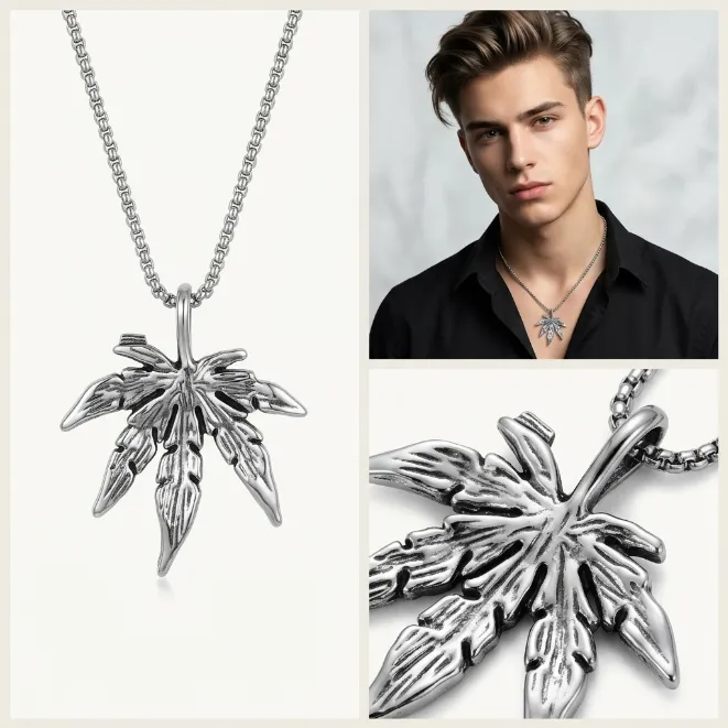 Men's vintage botanical maple leaf zinc alloy pendant necklace with box chain streetwear jewelry