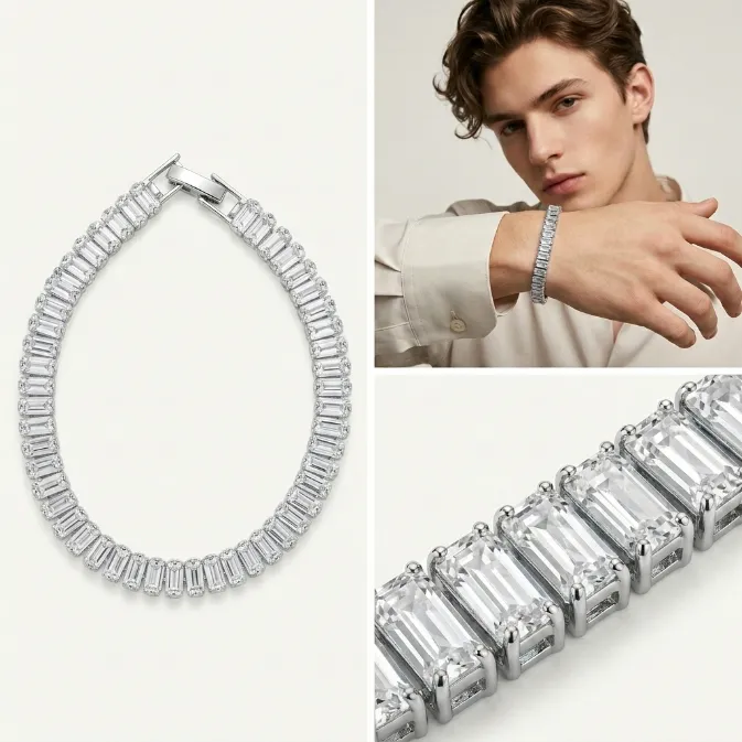 Men's luxury iced out baguette cut clear cubic zirconia brass tennis bracelet hip hop jewelry