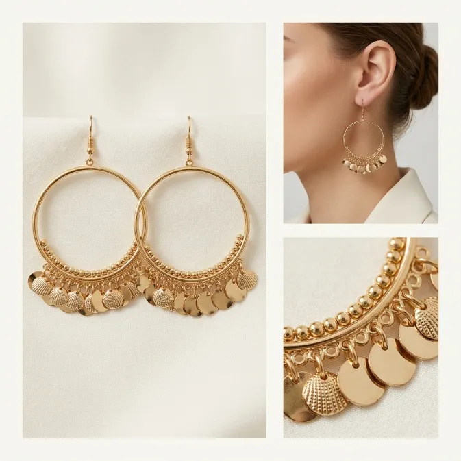 Women's vintage bohemian gold iron large hoop earrings with dangling coin sequin tassels gypsy festival jewelry