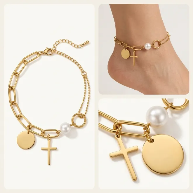 Gold asymmetric paperclip ball chain zinc alloy anklet with cross disc charms and pearl