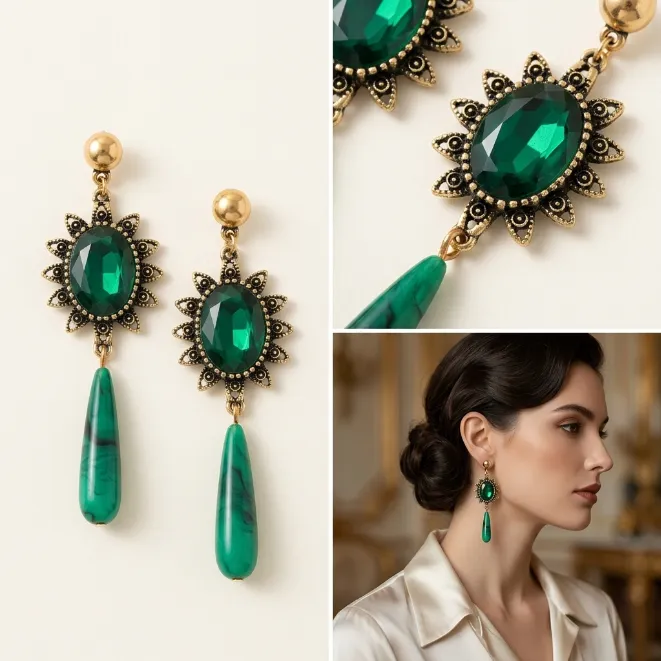 Antique gold victorian oval emerald green gem sunburst zinc alloy drop earrings with marble teardrop