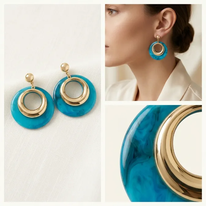Women's vintage turquoise blue marble resin and chunky gold metal donut hoop dangle drop earrings summer beach resort jewelry