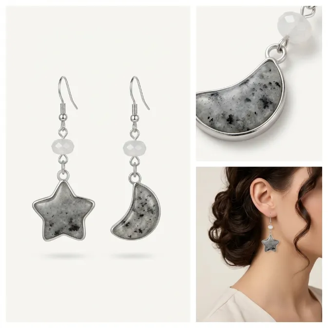 Women's vintage bohemian silver asymmetric celestial star and crescent moon speckled stone dangle drop earrings boho jewelry