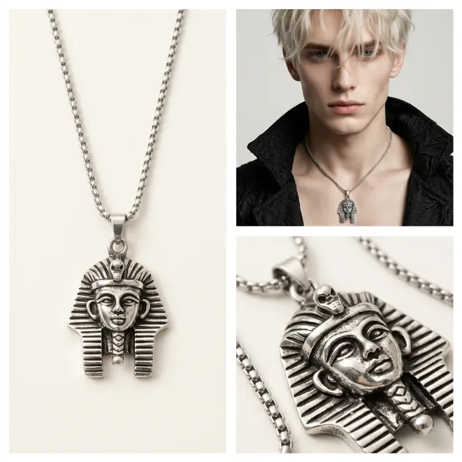 Men's vintage ancient egyptian pharaoh king tut mask zinc alloy pendant necklace with box chain mythology jewelry