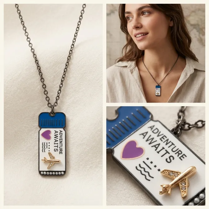 Vintage wanderlust adventure awaits boarding pass airplane ticket pendant necklace with blue white enamel travel jewelry
