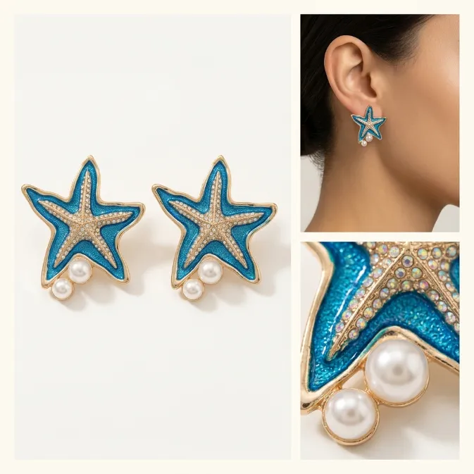 Women's ocean coastal tropical glitter blue enamel starfish stud earrings with sparkling crystal pave and white pearls summer beach jewelry