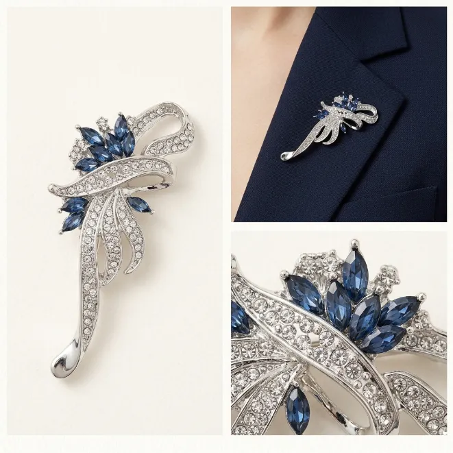 Silver ribbon swirl sapphire blue marquis crystal paved rhinestone zinc alloy brooch pin