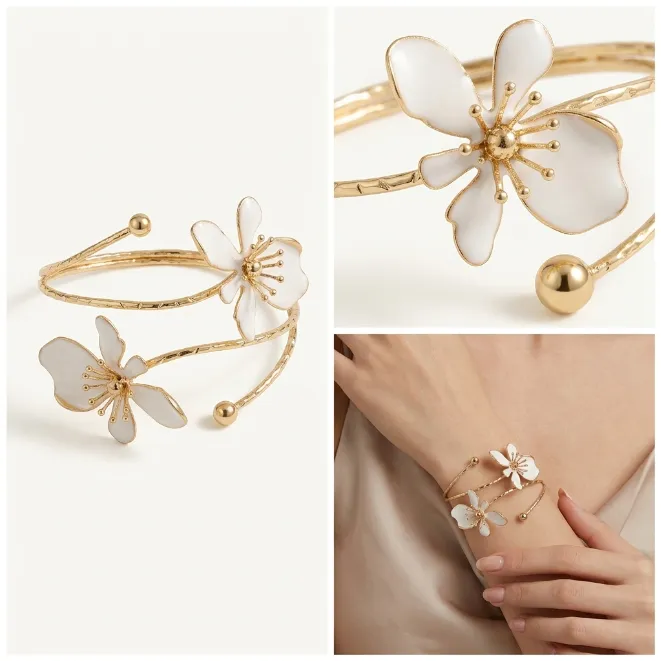 Gold elegant white enamel twin flower wrap open cuff iron bangle bracelet