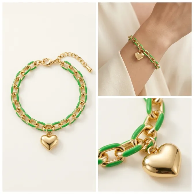 Women's trendy kelly green enamel chunky link chain bracelet with 3D puffy gold heart charm dopamine y2k jewelry