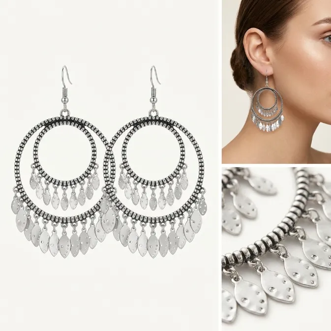 Women's vintage bohemian antique silver tiered double hoop dangle earrings with dangling leaf sequin fringe gypsy festival jewelry