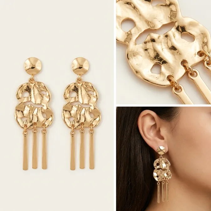 Women's modern sculptural gold molten textured cutout shield linear bar tassel fringe statement dangle drop earrings vintage runway jewelry