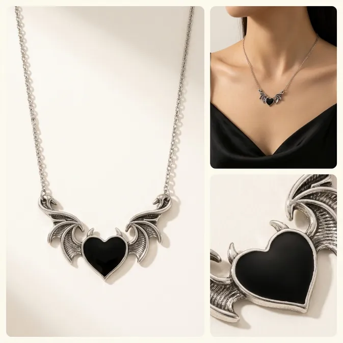 Vintage gothic antique silver bat winged devil heart pendant cable chain necklace black enamel dark romance grunge jewelry