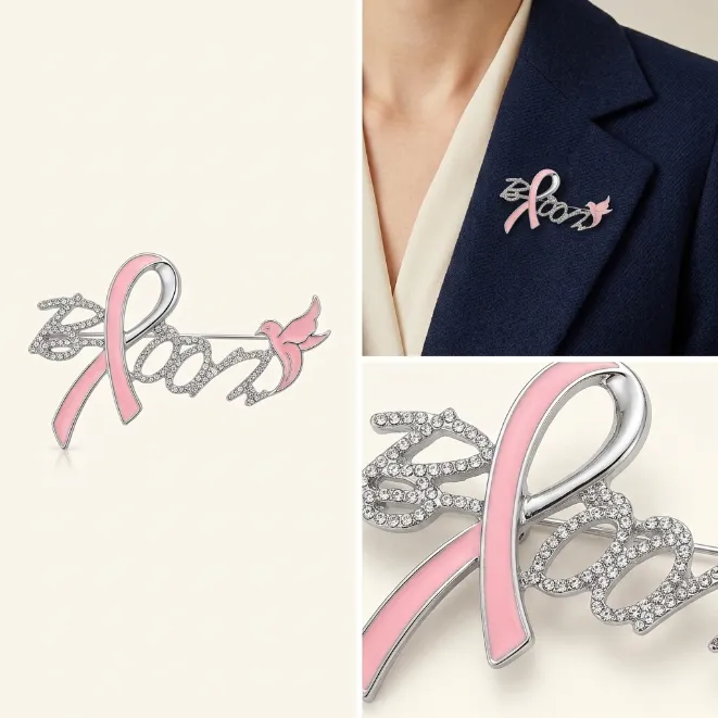 Silver pink ribbon Hope breast cancer awareness zinc alloy brooch pin with dove