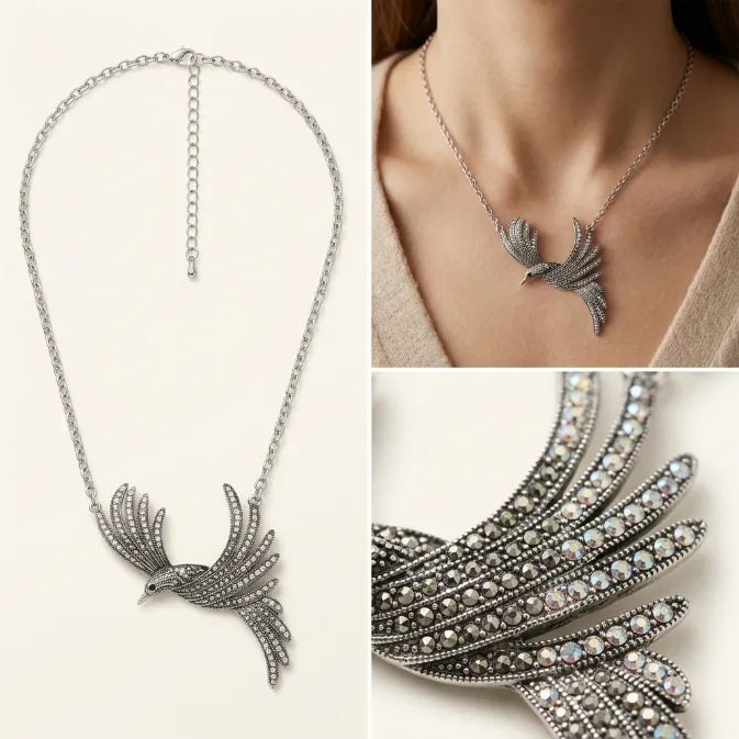 Women's vintage victorian antique silver pavé clear rhinestone soaring bird swallow pendant cable chain necklace dark romance jewelry