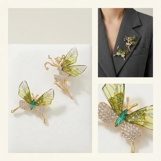 Women's enchanted fairycore green gradient translucent wing butterfly and dancing ballet fairy crystal brooch pin set