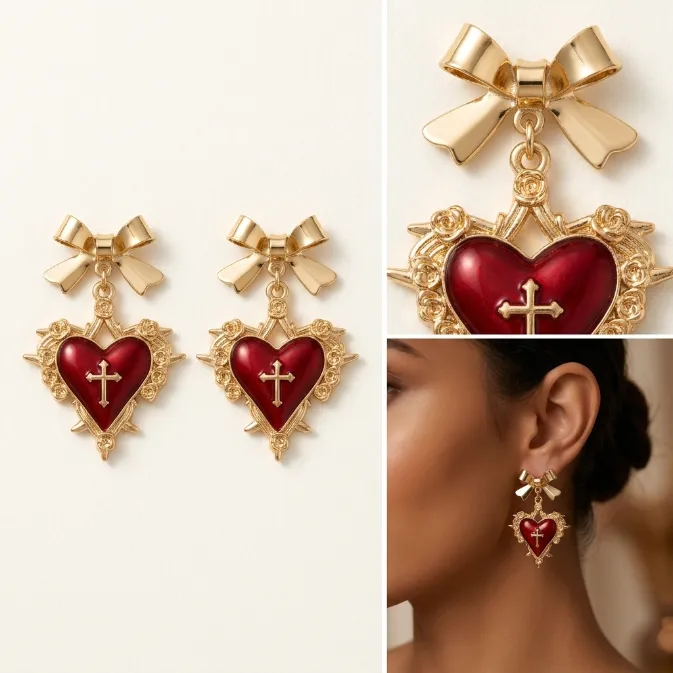 Women's vintage baroque gold ribbon bowknot crimson red enamel sacred heart cross rose frame statement dangle drop earrings coquette jewelry