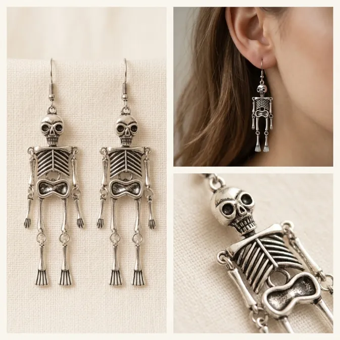 Gothic vintage antique silver movable articulated skeleton skull dangle drop earrings halloween punk grunge jewelry