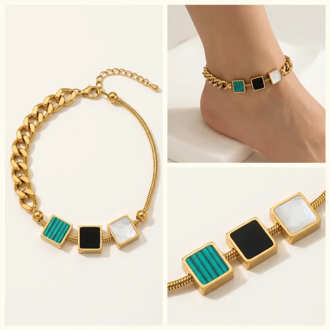 Gold asymmetric curb snake chain brass anklet with square malachite black enamel white shell inlays