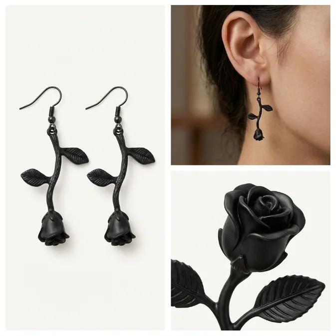 Women's vintage gothic matte black rose flower thorn branch dangle drop earrings dark romance witchy punk jewelry