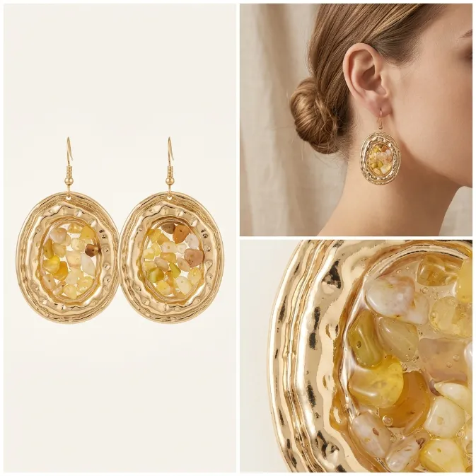 Women's vintage bohemian gold hammered oval picture frame raw yellow quartz crystal stone chip resin dangle drop earrings boho jewelry