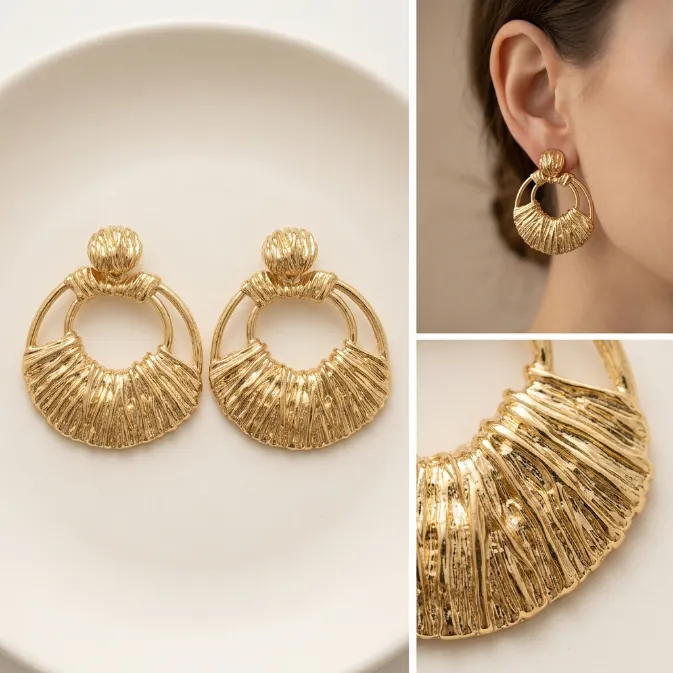 Women's vintage 80s textured gold ribbed fan pleated shell door knocker dangle drop earrings statement jewelry