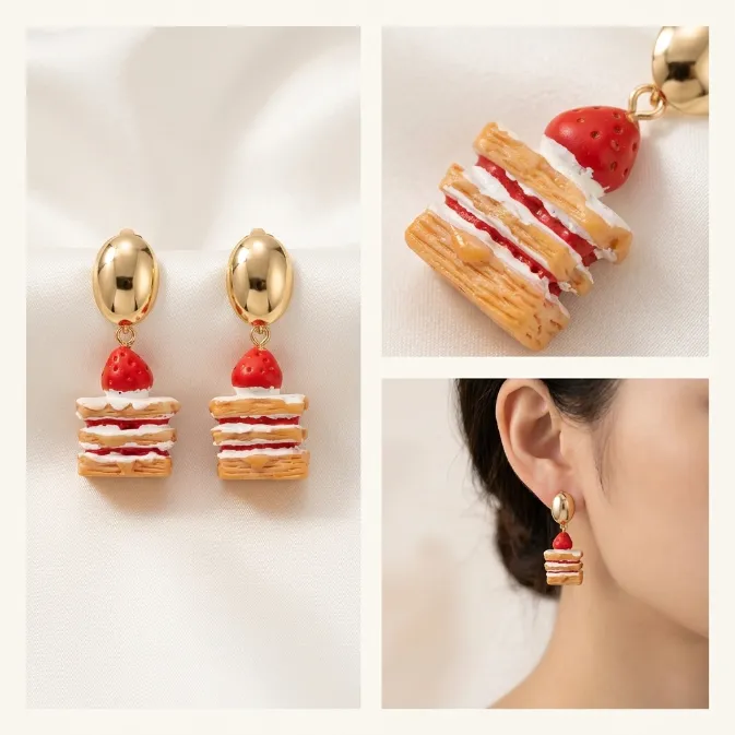 Women's kawaii french strawberry mille-feuille napoleon pastry cake polished gold stud dangle drop earrings cute foodie jewelry