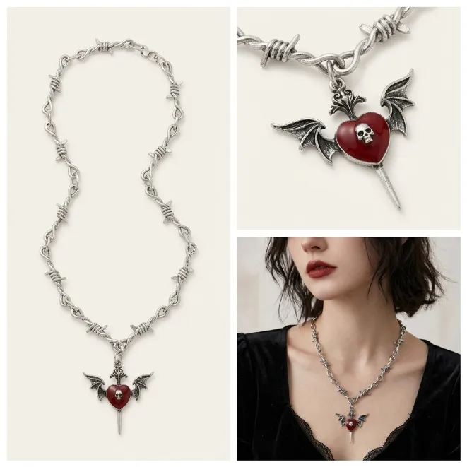 Antique silver gothic barbed wire chain zinc alloy necklace with bat wings sword pierced red enamel heart and skull pendant