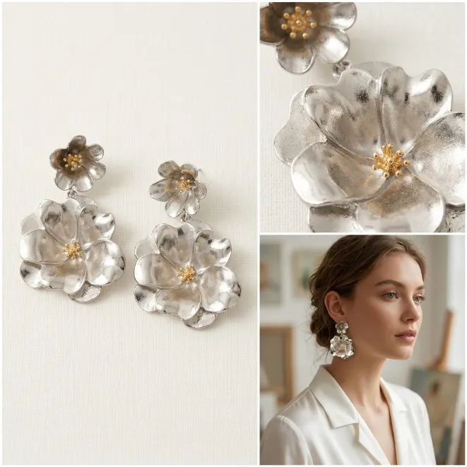 Antique silver hammered double layer flower zinc alloy drop earrings with gold stamens