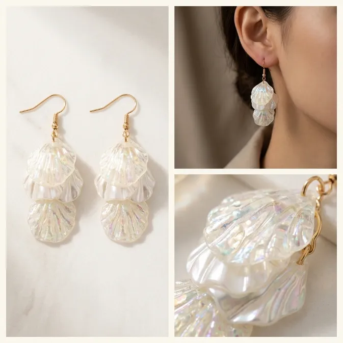 Women's ocean coastal iridescent shimmer tiered scallop sea shell dangle drop earrings summer beach mermaid jewelry