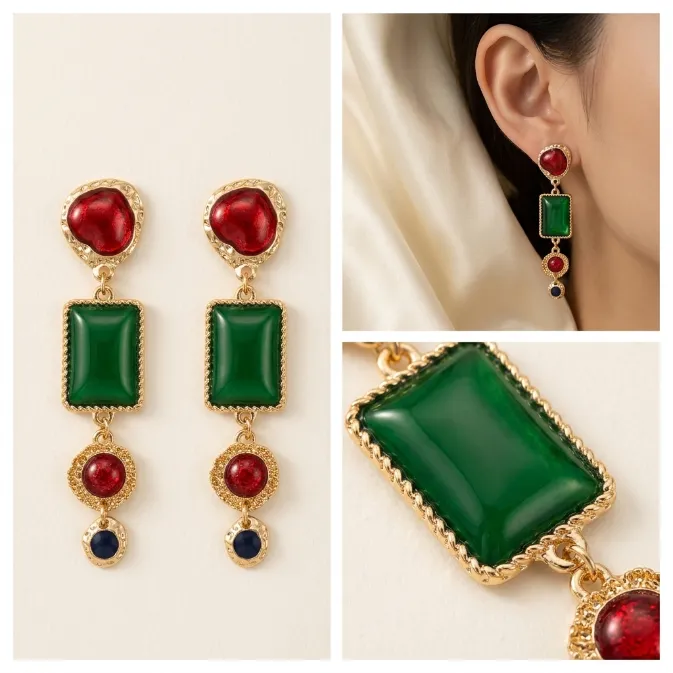 Women's vintage baroque byzantine tiered multicolor ruby red emerald green and navy blue cabochon stone dangle drop earrings statement jewelry