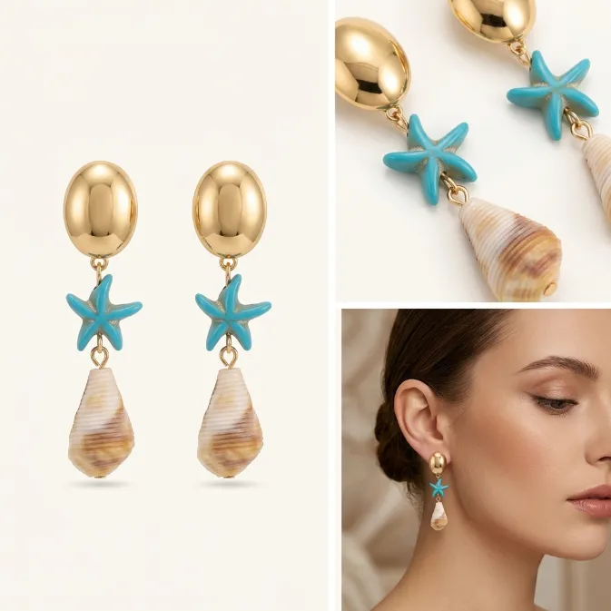 Women's ocean beach nautical polished gold oval stud turquoise blue starfish and natural spiral cone sea shell 3-tier dangle drop earrings summer coastal jewelry