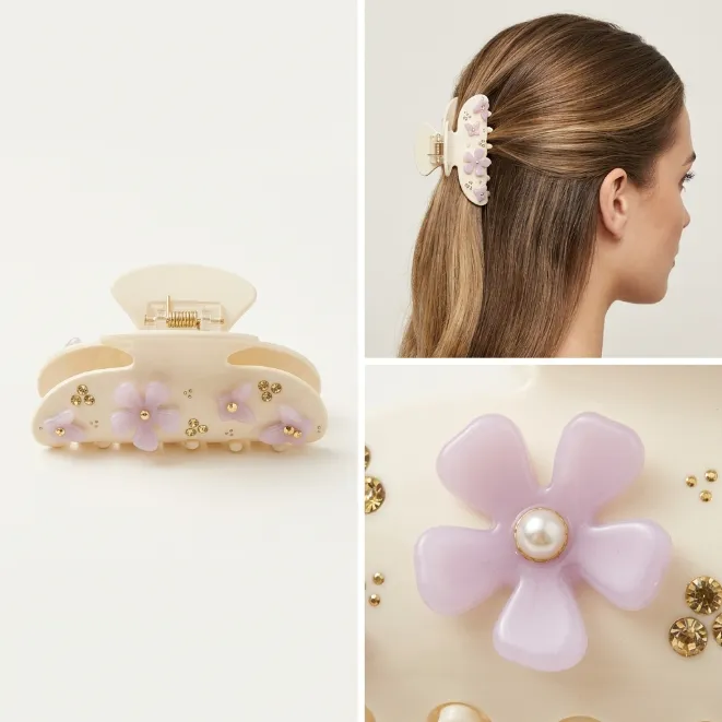 Cream white acetate hair claw clip with purple 3D flowers butterflies and golden rhinestones