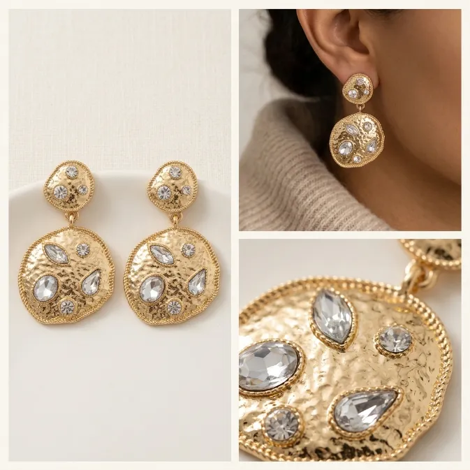 Women's vintage baroque hammered gold organic coin mixed cut clear crystal dangle drop earrings statement jewelry