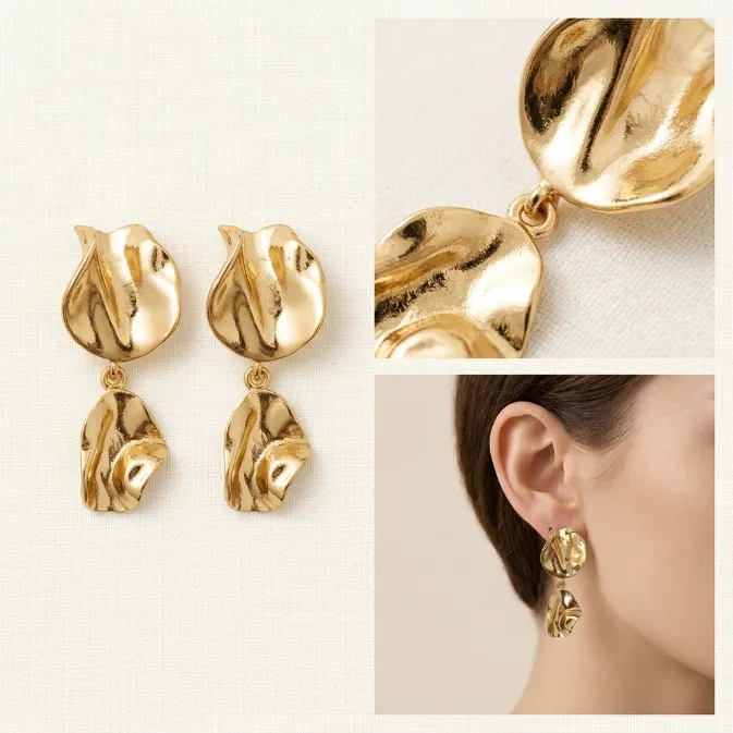 Women's modern sculptural gold molten metal organic petal 2-tier statement dangle drop earrings vintage minimalist jewelry