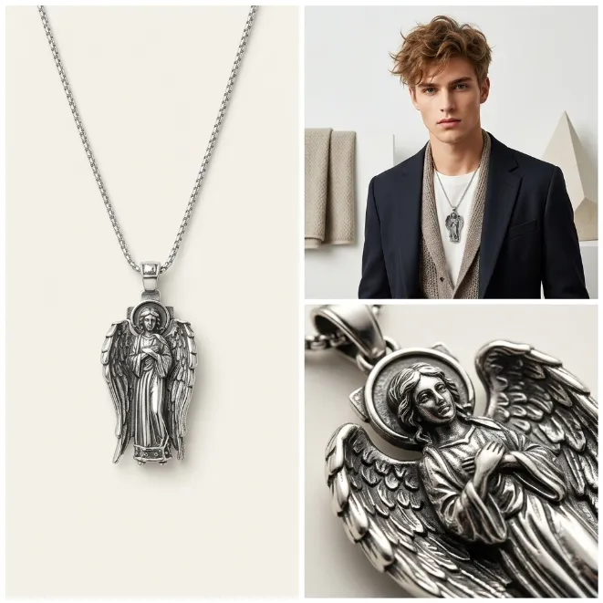 Men's vintage guardian angel wings zinc alloy pendant necklace with box chain religious protection jewelry