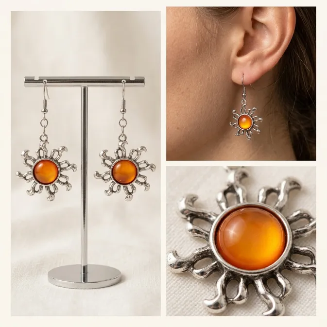Women's vintage bohemian antique silver swirling flame sunburst warm amber orange cabochon dangle drop earrings celestial witchy jewelry