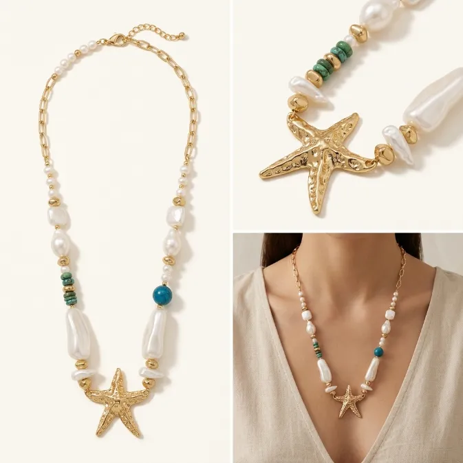 Women's ocean beach nautical gold textured starfish chunky organic baroque pearl turquoise half paperclip chain necklace summer coastal jewelry