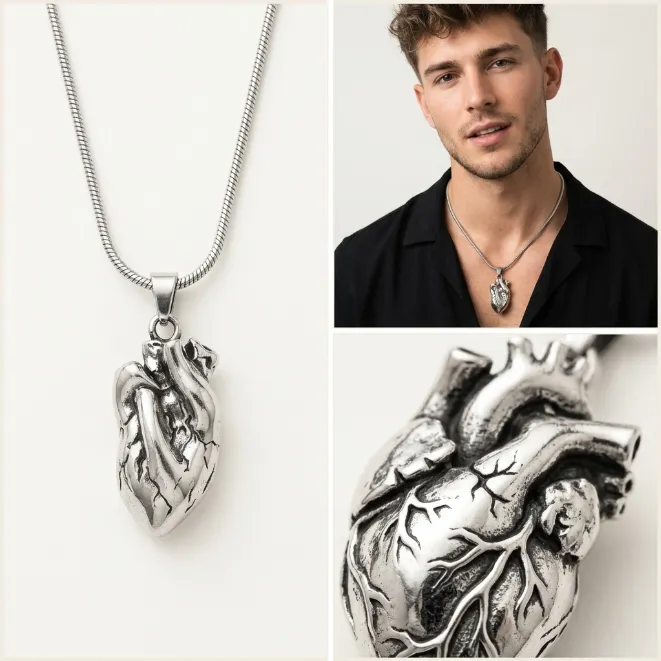 Men's vintage gothic 3d anatomical heart zinc alloy pendant necklace with snake chain punk medical jewelry
