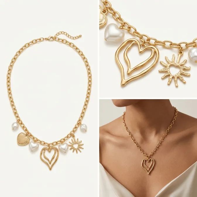 Women's vintage baroque gold chunky cable chain multi heart charms sunburst white pearl drop statement necklace romantic jewelry