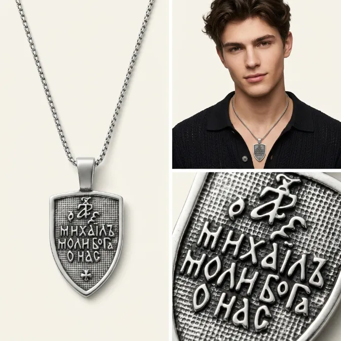 Men's vintage orthodox saint michael prayer shield zinc alloy pendant necklace with box chain religious knight jewelry