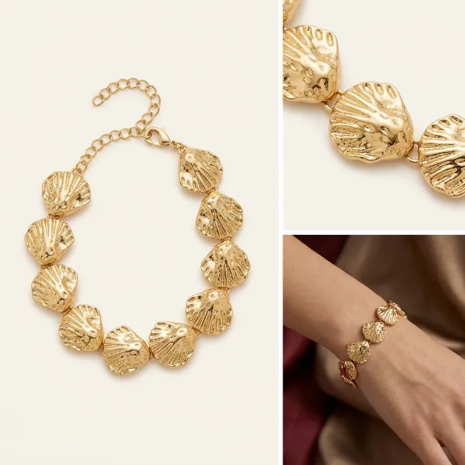 Women's ocean beach nautical gold molten textured fluted scallop sea shell articulated link statement bracelet summer coastal jewelry