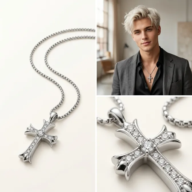 Men's gothic iced out fleur-de-lis cross iron pendant necklace with box chain hip hop punk jewelry
