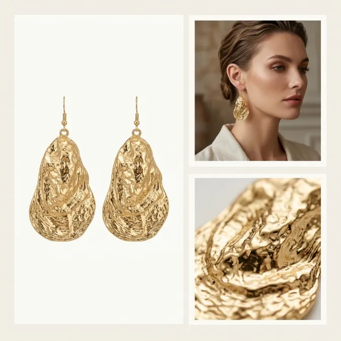 Women's vintage bohemian hammered melted gold oyster shell dangle drop earrings statement resort jewelry