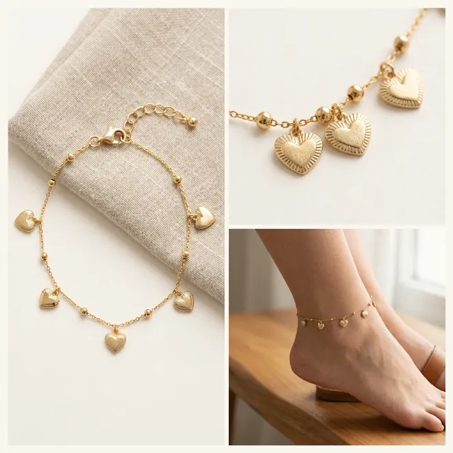 Gold textured heart charms iron anklet with satellite beaded chain
