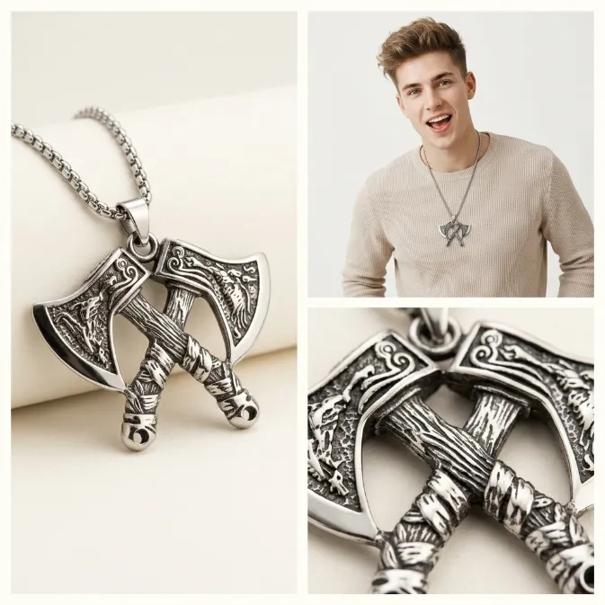 Men's vintage nordic viking crossed battle axes zinc alloy pendant necklace with box chain pagan warrior jewelry