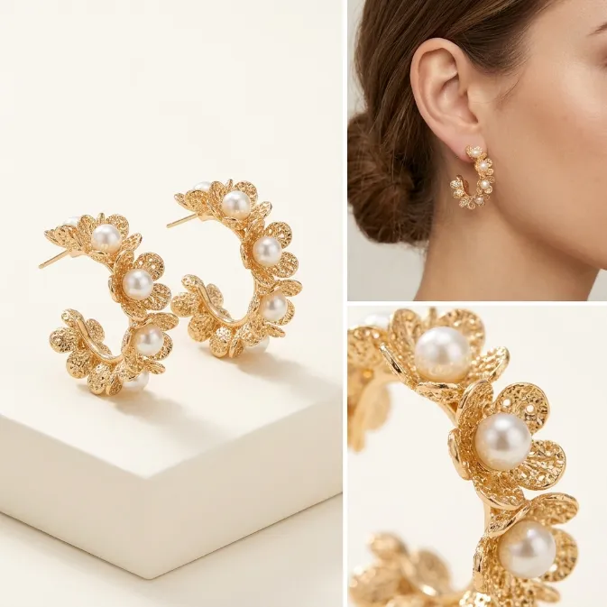 Women's french retro gold textured floral c-shaped hoop earrings with lustrous white pearls bridal garden jewelry