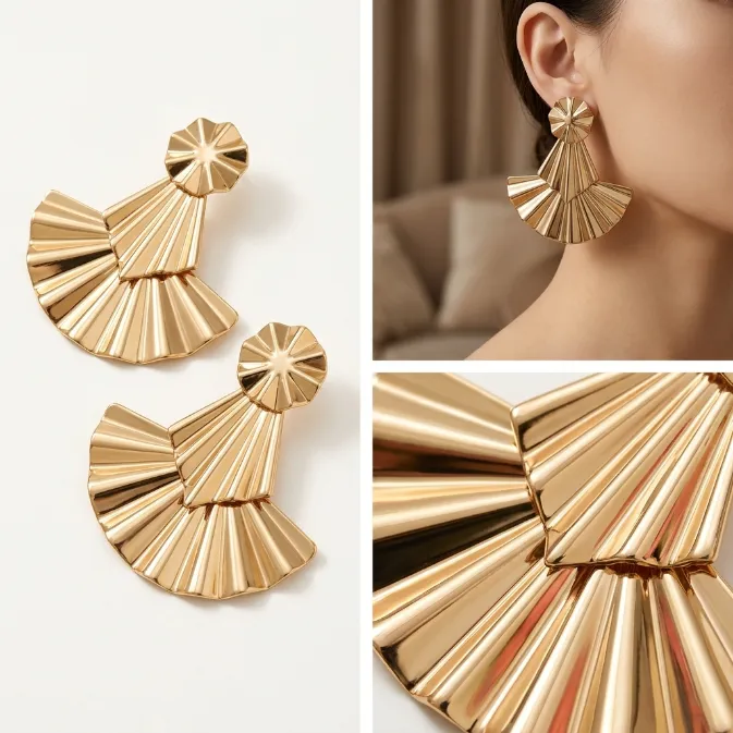 Women's modern art deco high polished gold fluted pleated fan tiered statement dangle drop earrings 80s vintage runway jewelry